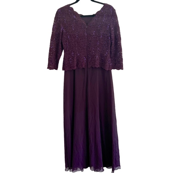 ALEX EVENINGS Sequined lace Floral 3/4 Sleeve long chiffon mock dress SZ  10P - Picture 7 of 9